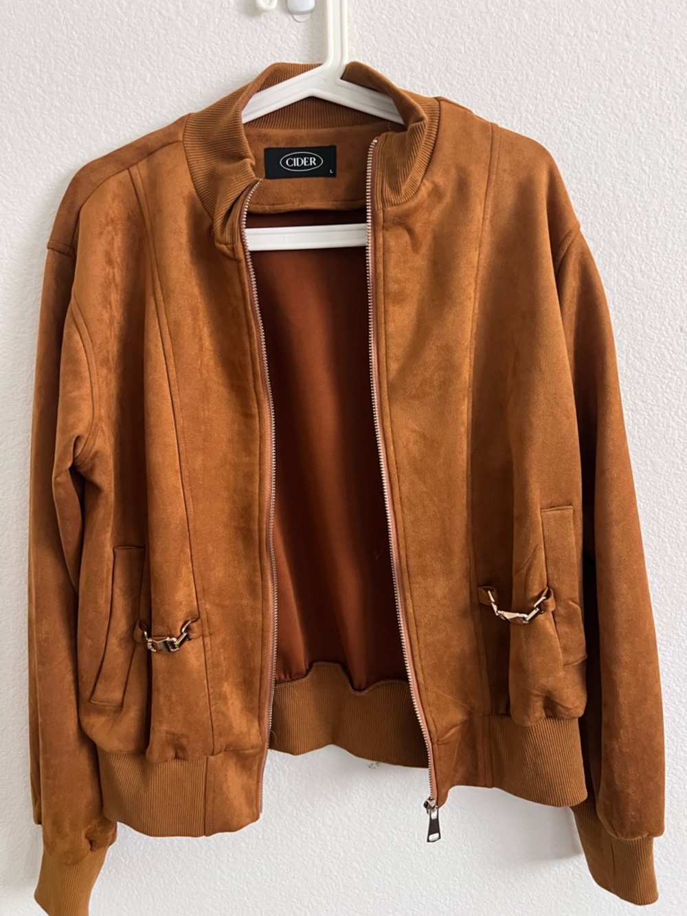 Cider Suede-Look Bomber Jacket in Burnt Orange